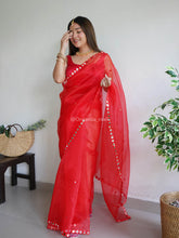Mirror Border worked plain Red Pure Organza Saree